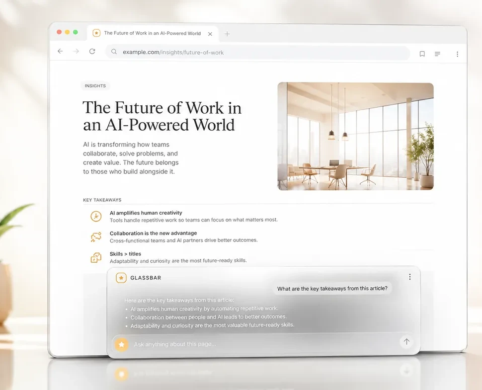 GlassBar on a web article — Chrome, Edge, Brave, Firefox